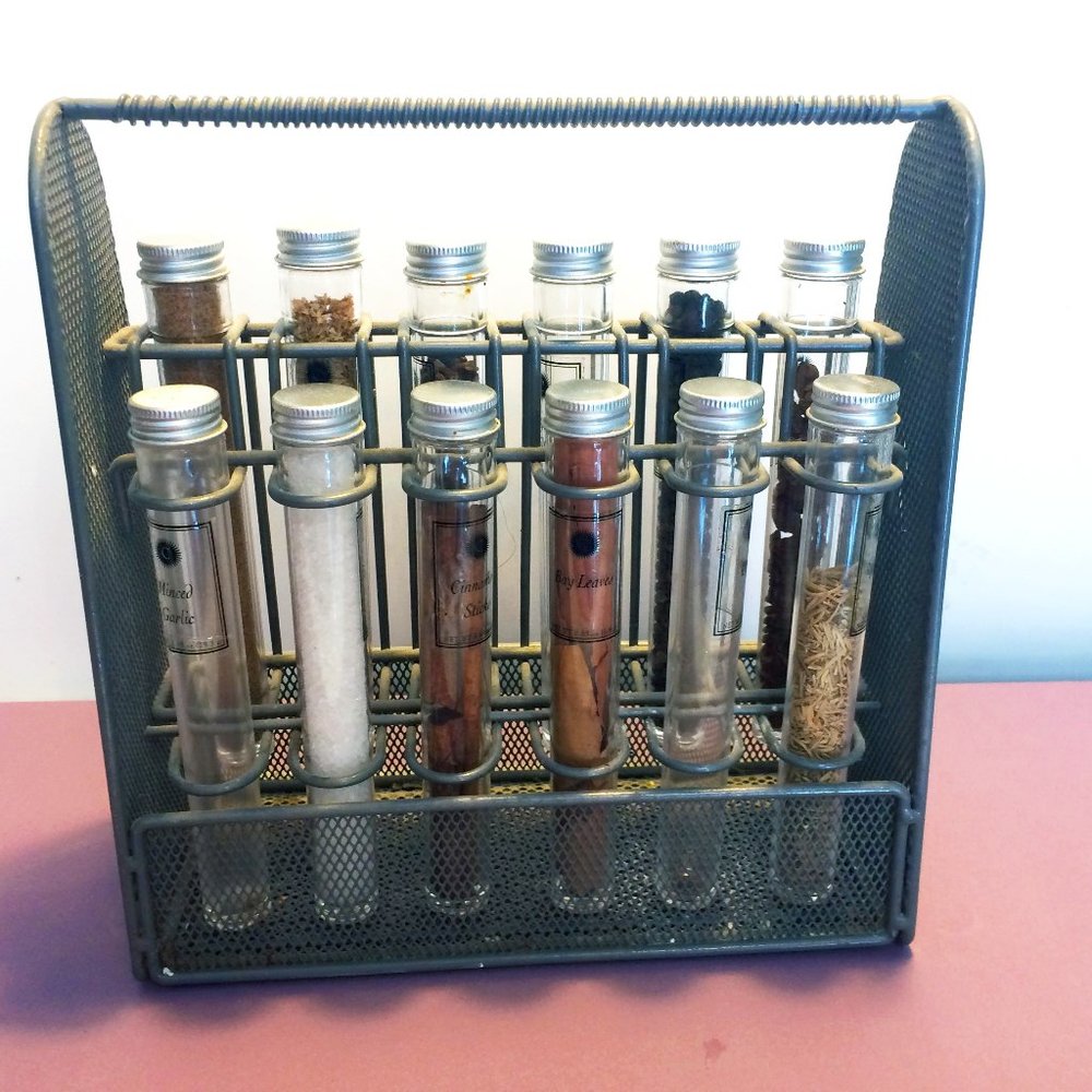 Unusual Cool Kitchen Spice Rack Test Tube Glass cylinder bottles Wire Mesh